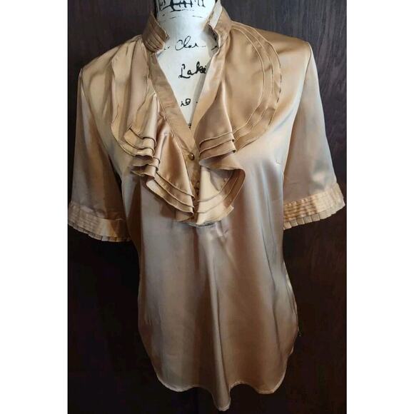 New York & Company Ruffle Collar Short Sleeve Shirt stretch Blouse Medium Gold - Picture 1 of 10